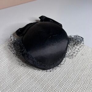 Vintage 1950s Black Satin Pillbox Hat with Bow and Birdcage Veil Mid-Century